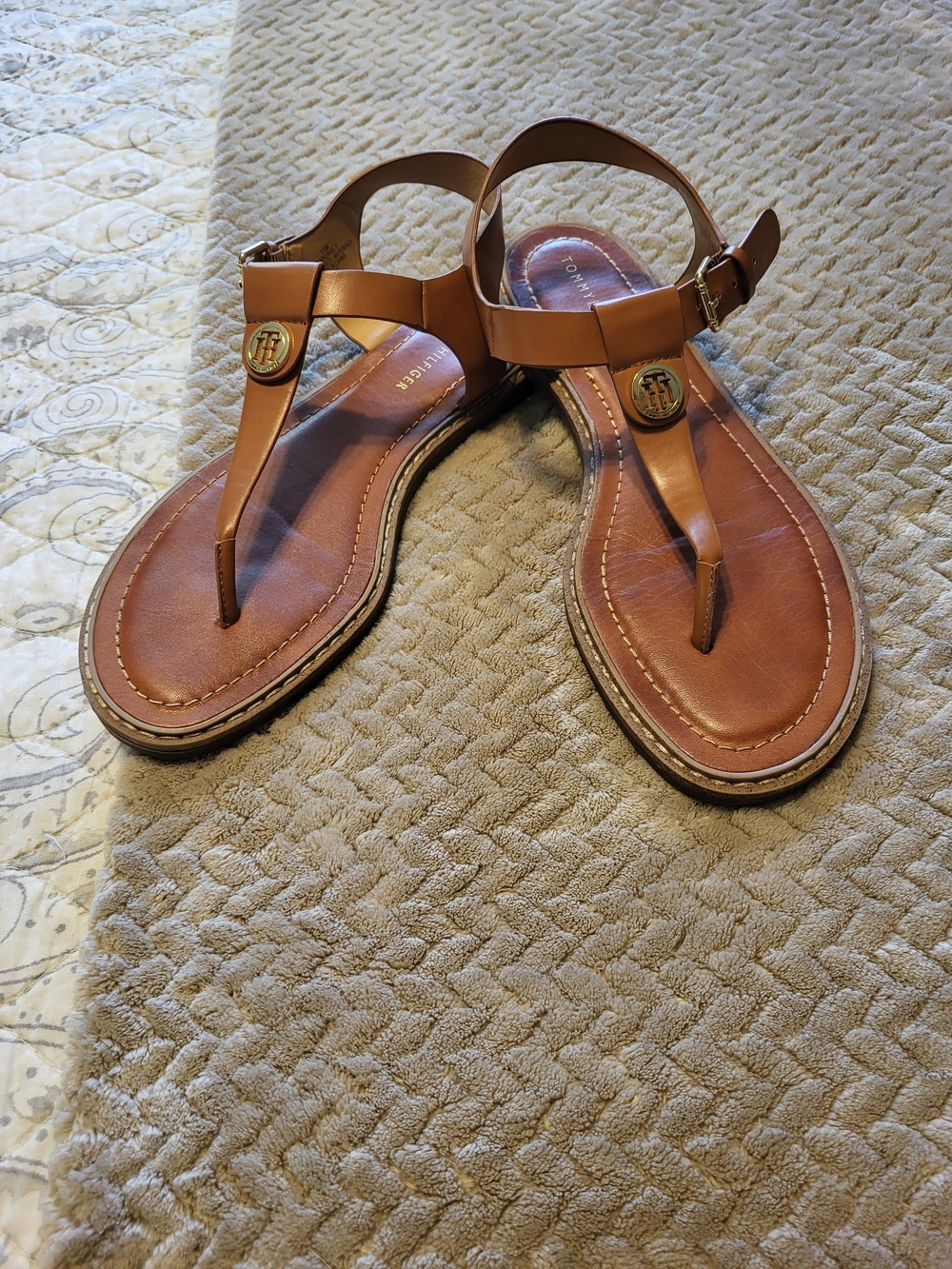 Tommy Hilfiger Brown Leather T-Strap Sandals